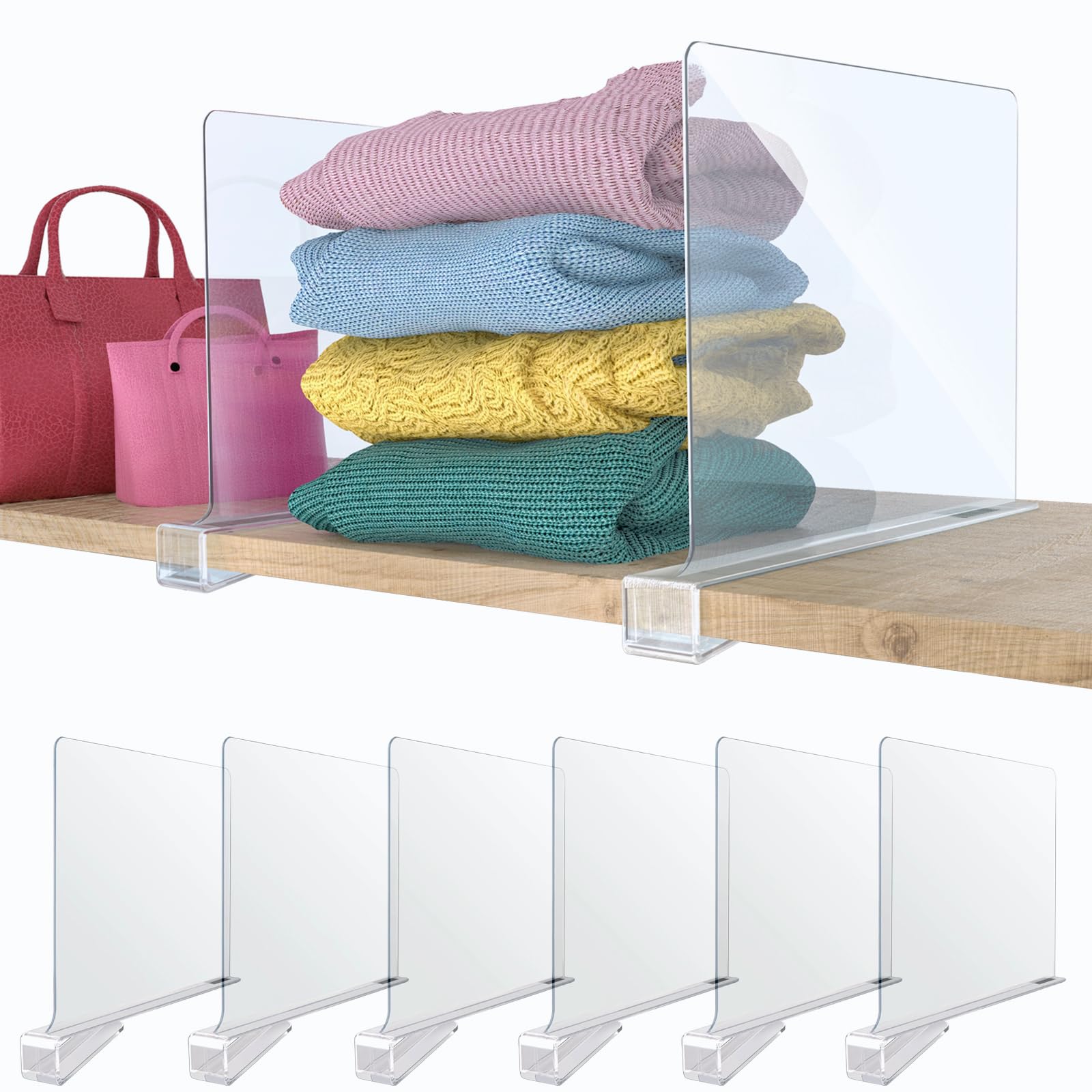 ABOKIM Shelf Dividers for Closet Organization,Clear Acrylic Shelf Dividers for Closets,Closet Shelf Dividers for Wood Shelves,Handbag/Purse/Sweater Organizer for Closet Shelf,6PCS