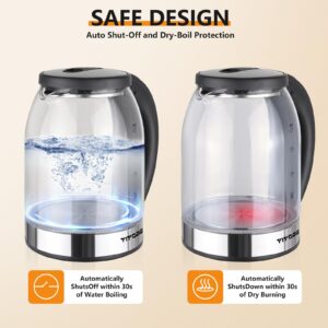 YIYOBEATFO Electric Kettle, 1.7L Glass Hot Water Boiler Kettle For Coffee & Tea,Easy Clean Wide Opening Water Heater Electric with LED Light,360°Rotation,Auto Shut-Off&Boil Dry Protection