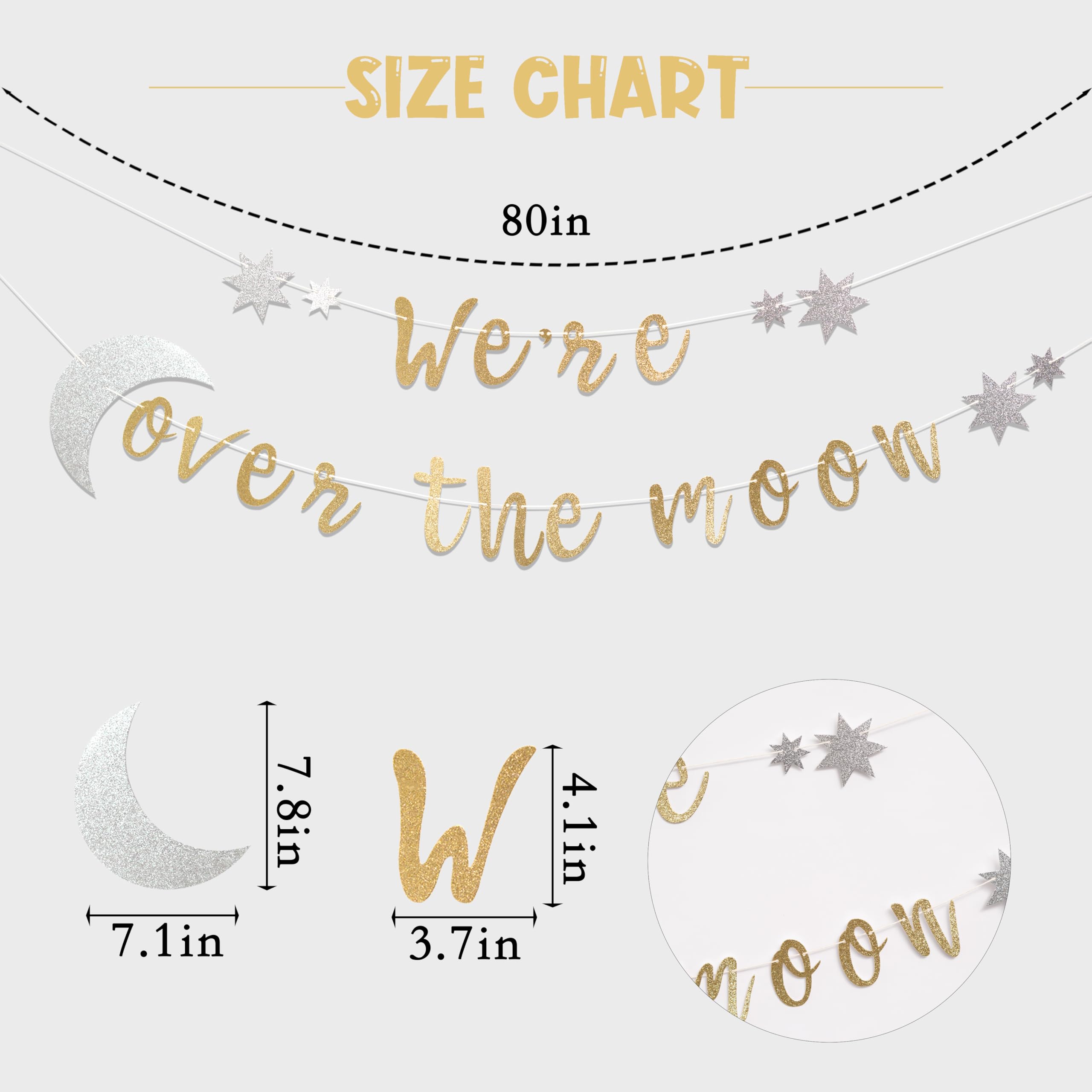 MUWEOL We’Re Over The Moon Banner - Over The Moon Baby Shower Decoration,Gender Reveal Wall Hanging Banner,Golden Glitter Party Wall Decoration (moon banner golden)