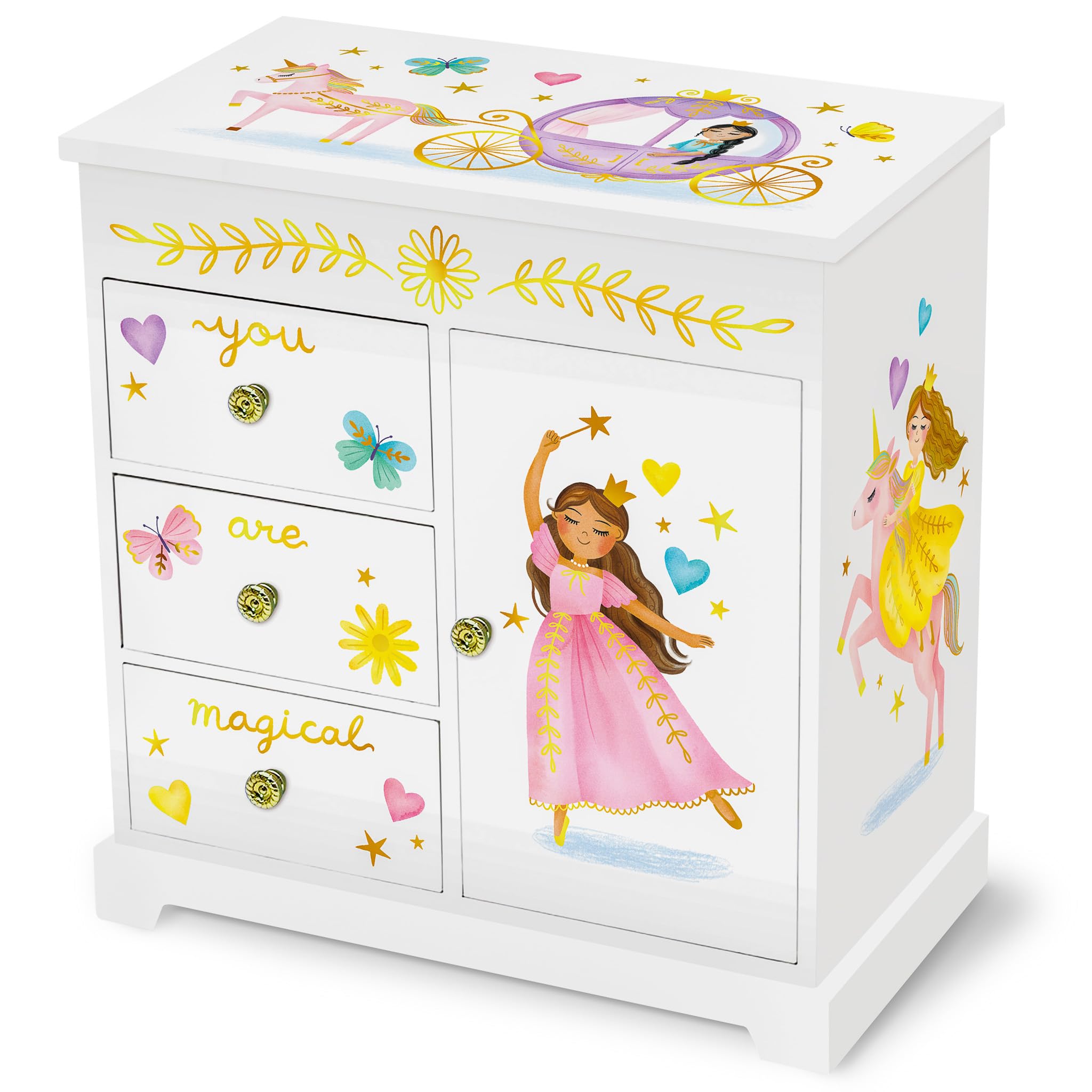 Giggle & Honey Princess Musical Jewelry Box for Girls - Kids Music Box with Drawers, Fairytale Gifts for Girls Birthday, Princess Jewelry Boxes for Ages 3-10 - 9 x 5 x 9.3 in, White