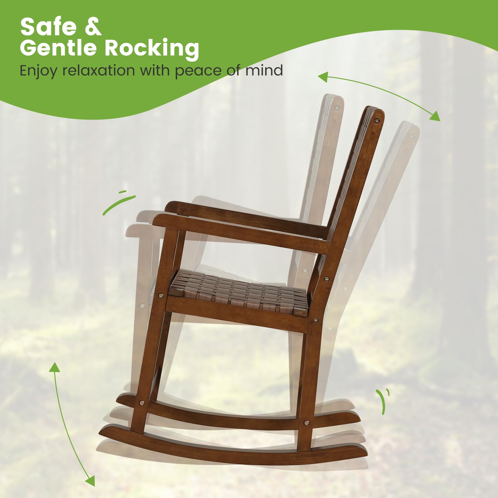 Tangkula Outdoor Rocking Chair, All Weather PU Seat & Rubber Wood Frame Porch Rocker, Safe & Smooth Rocking Motion, Ergonomic Patio Rocking Chair for Garden, Lawn, Balcony, Indoor (1, Brown)