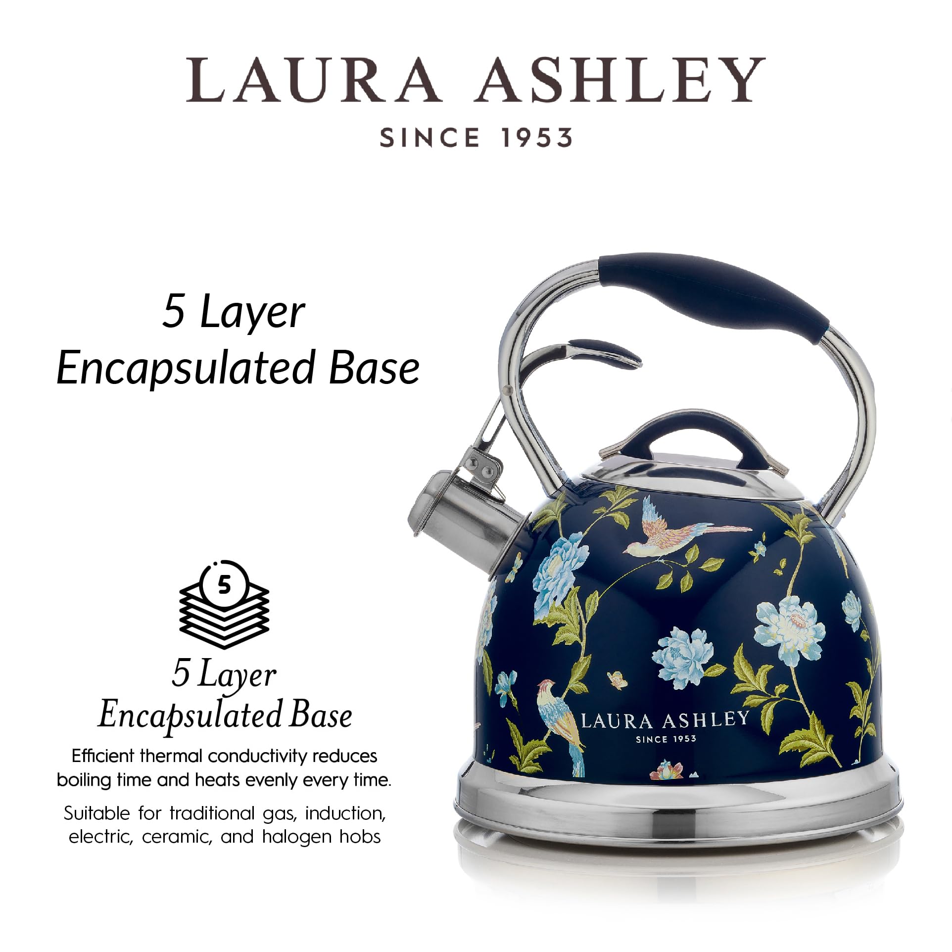 VQ Laura Ashley Elveden Navy 3L Stainless Steel Tea Kettle Stovetop Whistling Teapot for Induction, Gas Hob or others. Silicon Coated Cool Handle & Push Button Mechanism Vintage Stove Top Kettle