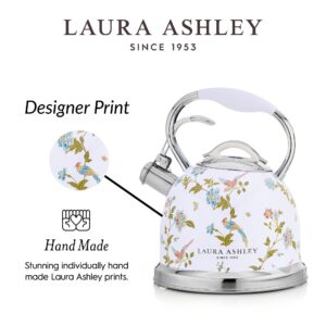 VQ Laura Ashley Elveden White 3L Stainless Steel Tea Kettle Stovetop Whistling Teapot for Induction, Gas Hob or others. Silicon Coated Cool Handle & Push Button Mechanism Vintage Stove Top Kettle