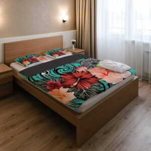 gearider Tropical Hibiscus Floral Pattern Duvet Cover Set, Turtle Washed Bedding Set, Polynesian Style Soft Comfy Duvet Cover, Size King