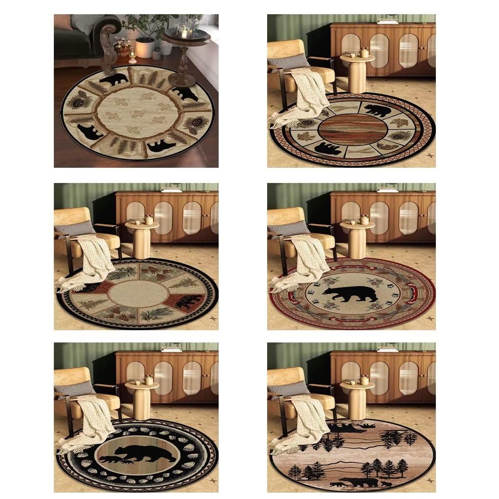 Soyalie Rustic Lodge Round Area Rug for Entrance Kitchen Pine Tree Print Carpet Bear Cabin Circle Floor Carpets Vintage Throw Rugs 3ft