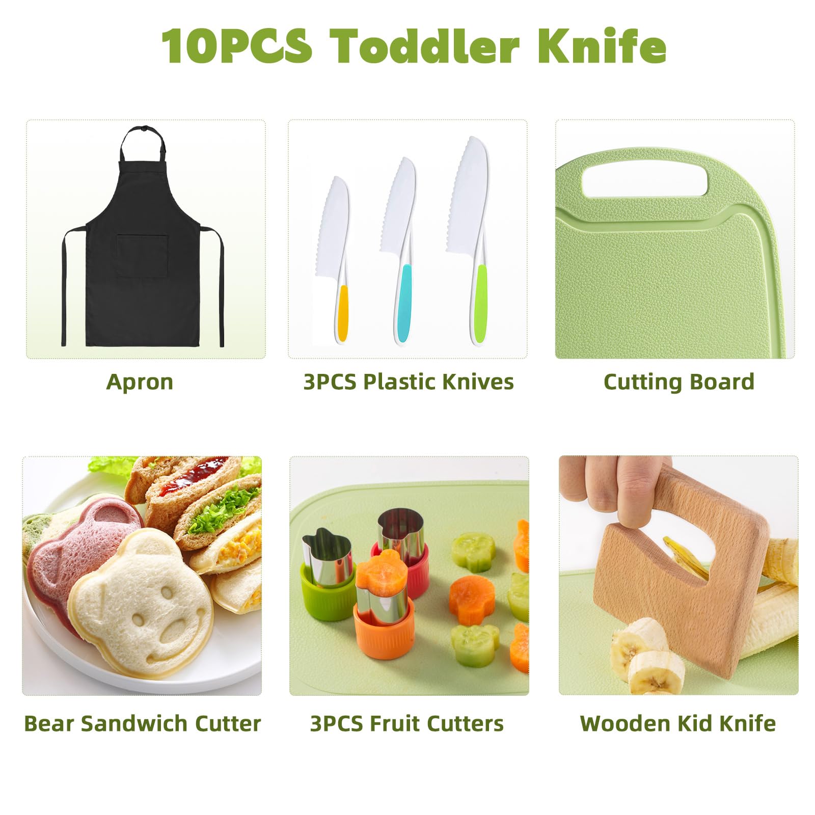 Choxila 10-Piece Toddler Knife Set - Kids Safe Knives for Real Cooking, Montessori Kitchen Tools with Cutting Board, Apron, Sandwich Cutter, and Fruit Cutters