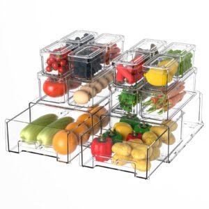 damynuo 14pack fridge organizer bins, clear refrigerator organizing containers with lids and refrigerator drawers, stackable food, vegetable and fruit containers for fridge organizers and storage