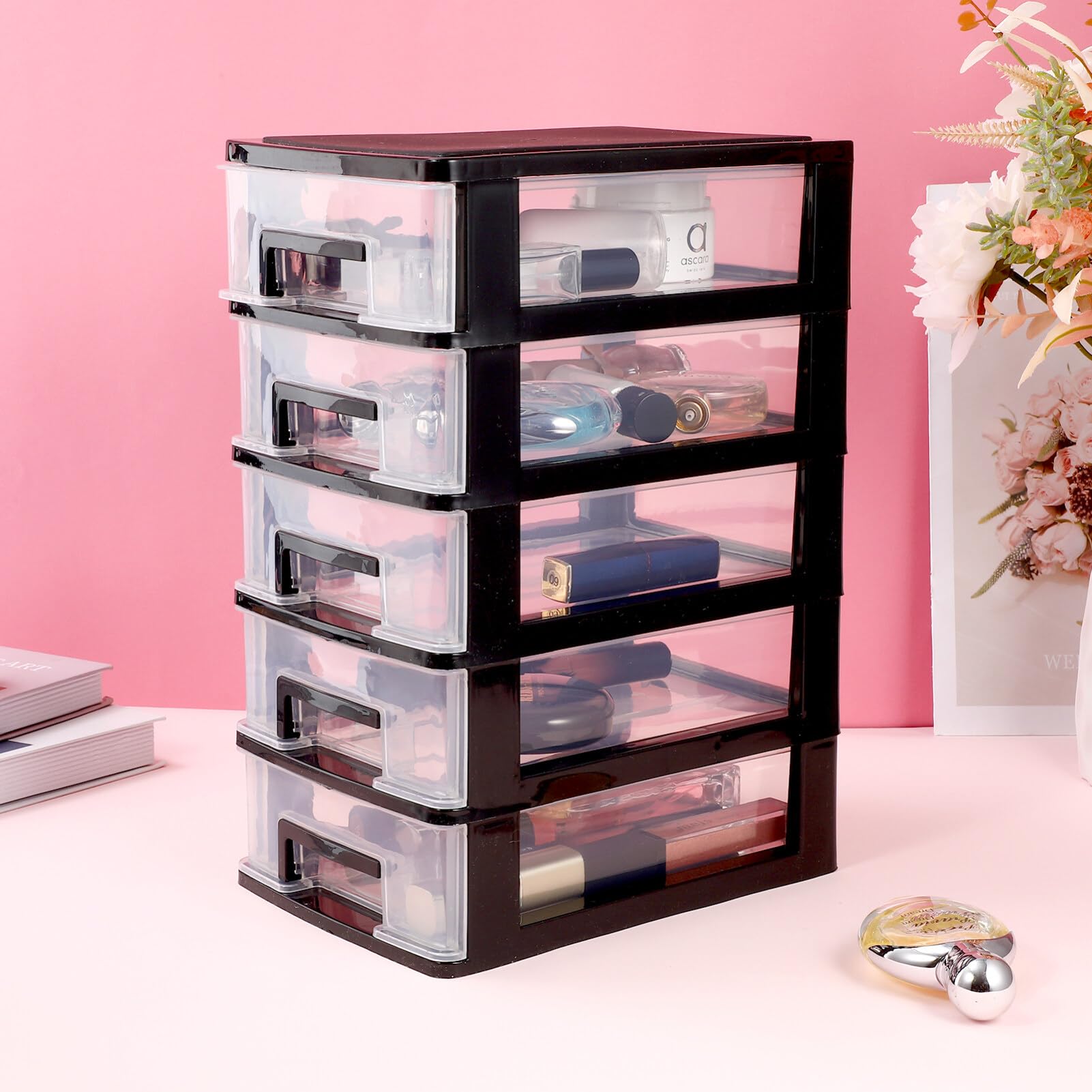 STOBOK Plastic Storage Drawers 5 Layers Clear Storage Bins with Black Frame Space Saving Organizer Drawers for Crafts Tools Jewelry Stationary