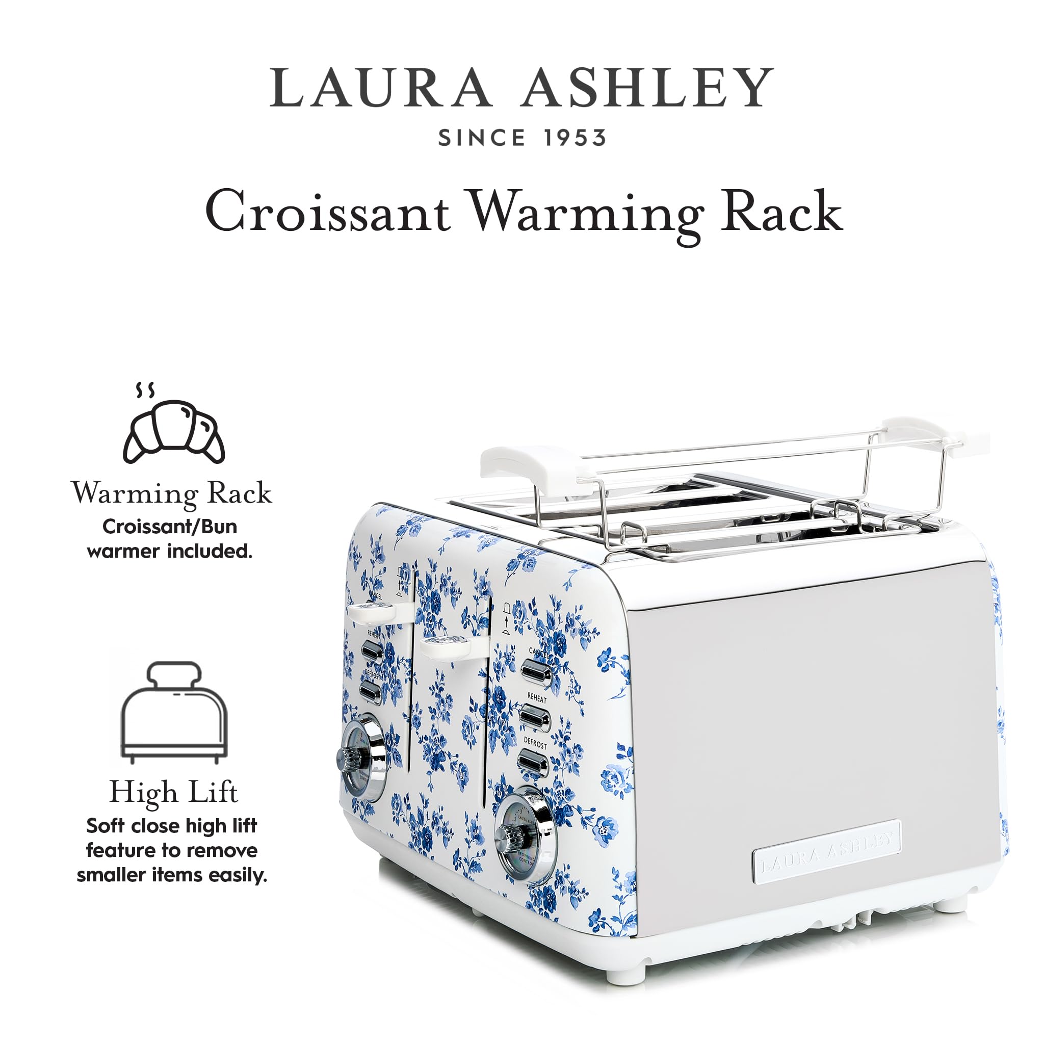 VQ Laura Ashley China Rose Stainless Steel 4 Slice Toaster | Bagels & Bread Toasters 4 Slices Wide Slot with Adjustable Heating & Defrost Mode | Grille Pain 4 tranches with Croissant Warming Rack