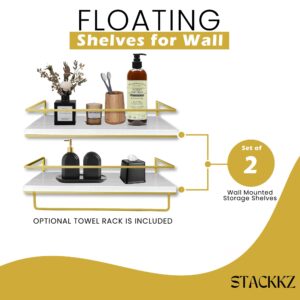 Stackkz - Floating Shelves for Wall Set of 2, Wall Mounted Storage Shelves, Towel Rack for Bathroom, Bedroom, Living Room, Kitchen, Office (White and Gold)