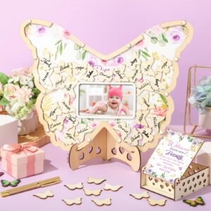 Wenqik 63 Pcs Baby Shower Guest Book Alternatives Set Baby Shower Guestbook with Photo Frame Baby Sonogram Frame Keepsake 60 Wood Slices Guest Book for Birthday(Butterfly)