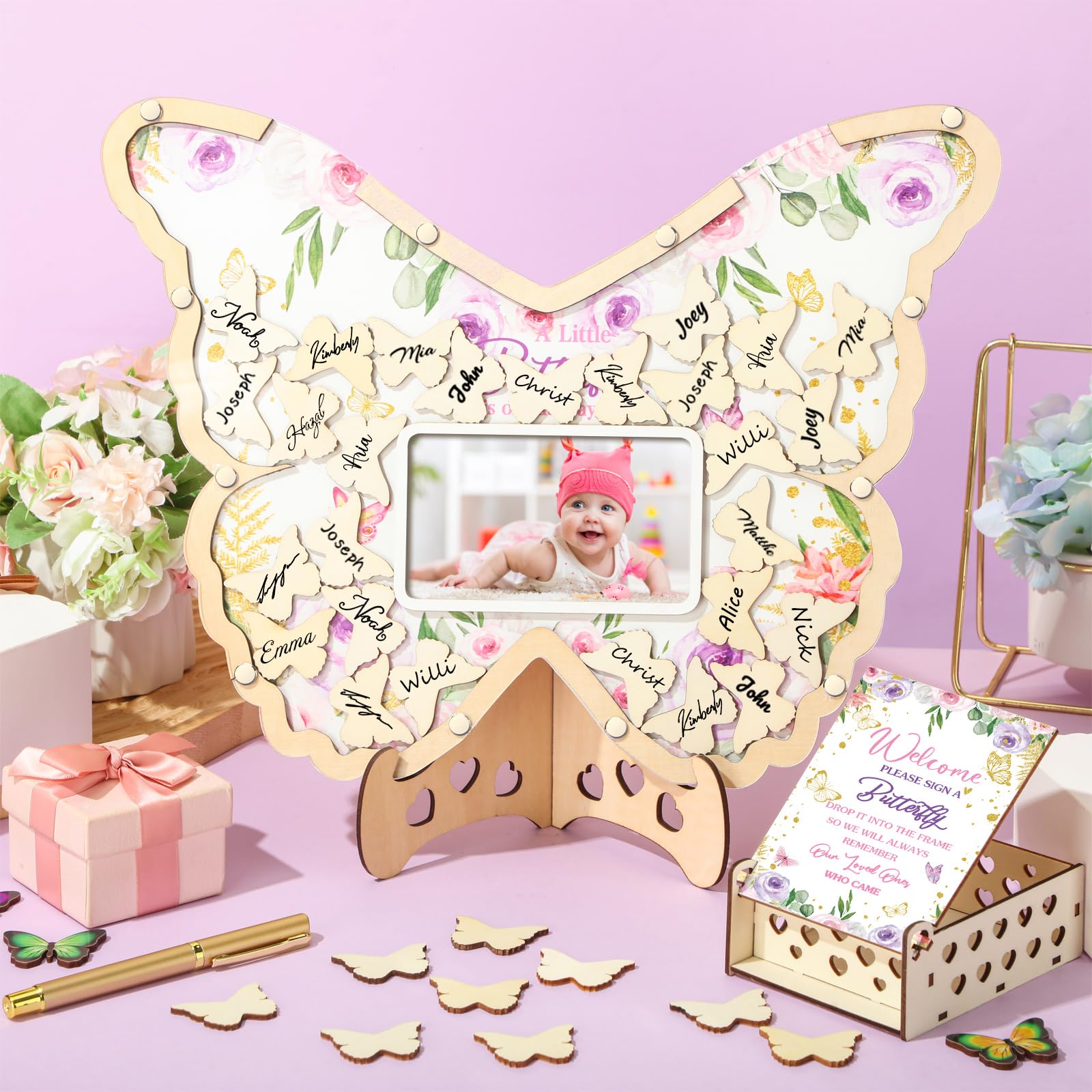 Wenqik 63 Pcs Baby Shower Guest Book Alternatives Set Baby Shower Guestbook with Photo Frame Baby Sonogram Frame Keepsake 60 Wood Slices Guest Book for Birthday(Butterfly)