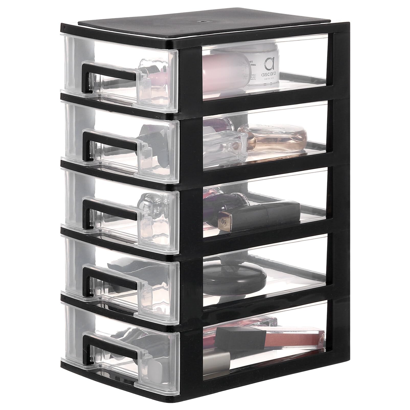 STOBOK Plastic Storage Drawers 5 Layers Clear Storage Bins with Black Frame Space Saving Organizer Drawers for Crafts Tools Jewelry Stationary