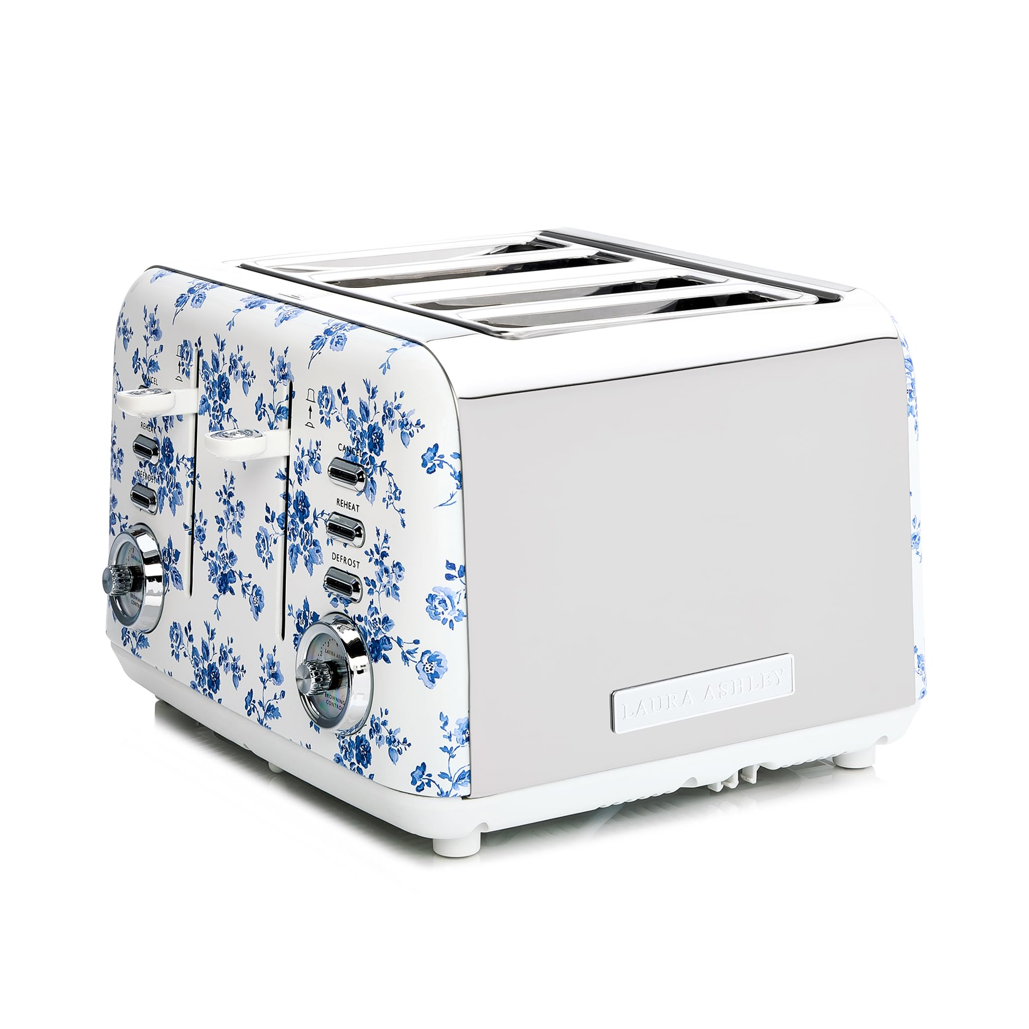 VQ Laura Ashley China Rose Stainless Steel 4 Slice Toaster | Bagels & Bread Toasters 4 Slices Wide Slot with Adjustable Heating & Defrost Mode | Grille Pain 4 tranches with Croissant Warming Rack