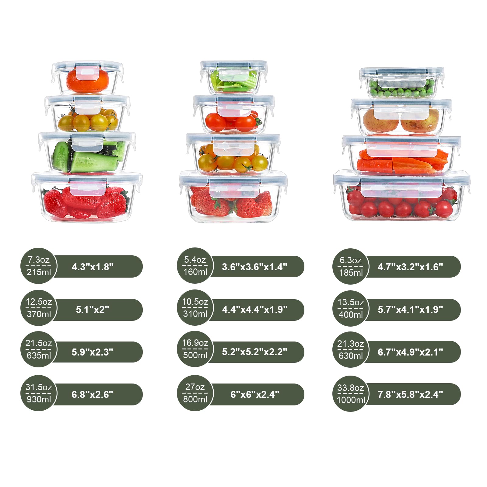 BAYZZ Glass Food Storage Containers Set, 24 Pieces Airtight Glass Meal Prep Containers with Lids,Microwave and Freezer Safe