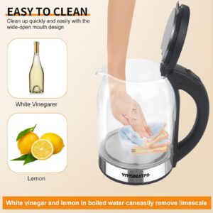 YIYOBEATFO Electric Kettle, 1.7L Glass Hot Water Boiler Kettle For Coffee & Tea,Easy Clean Wide Opening Water Heater Electric with LED Light,360°Rotation,Auto Shut-Off&Boil Dry Protection