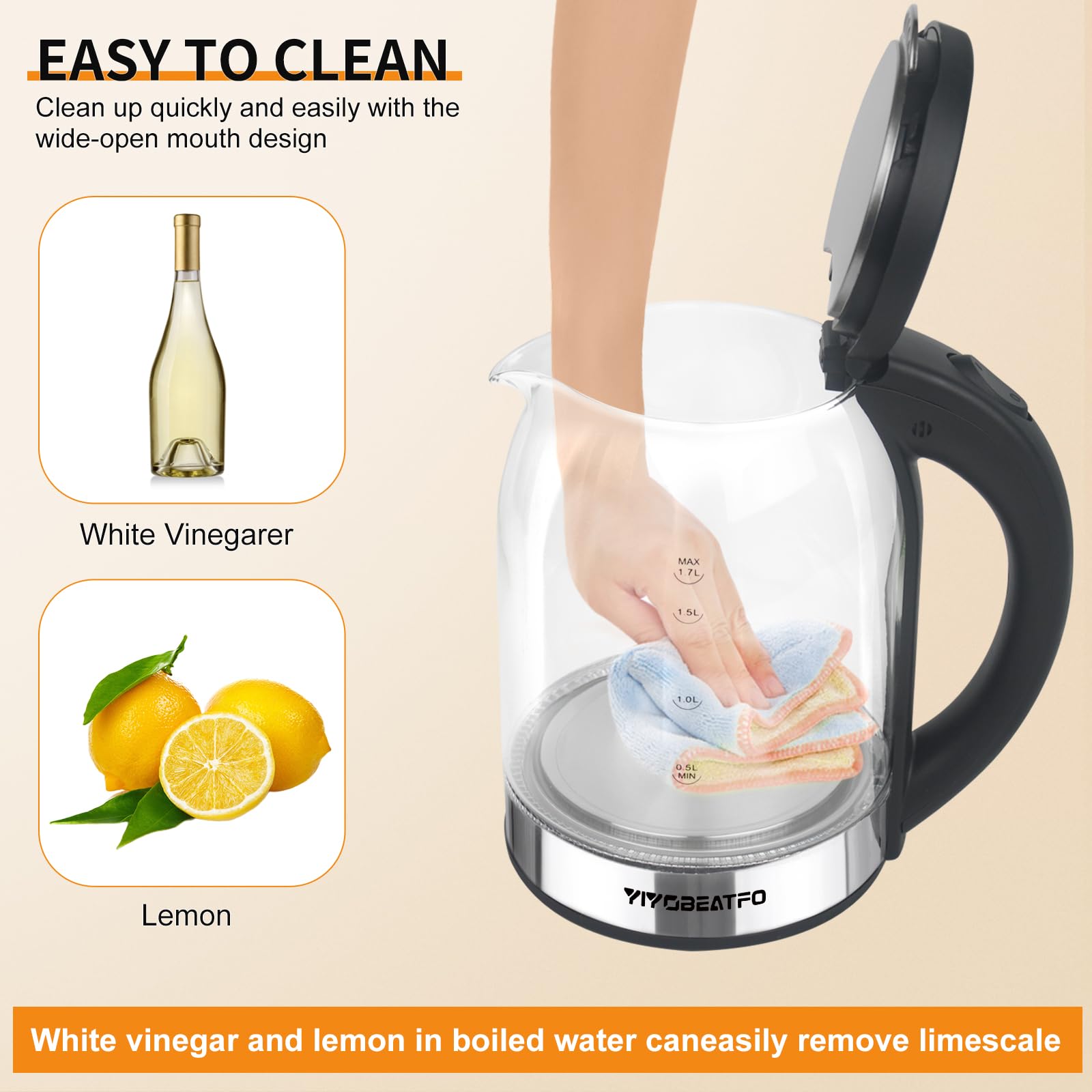 YIYOBEATFO Electric Kettle, 1.7L Glass Hot Water Boiler Kettle For Coffee & Tea,Easy Clean Wide Opening Water Heater Electric with LED Light,360°Rotation,Auto Shut-Off&Boil Dry Protection