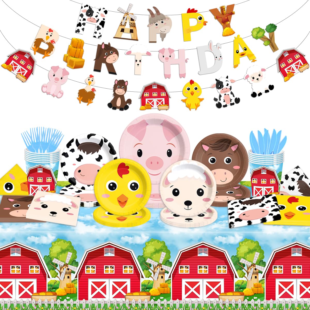 Farm Birthday Decorations-142Pcs Farm Animals Tableware Barnyard Themed Plates and Napkins Kit Farm Birthday Party Supplies for 20 Guest