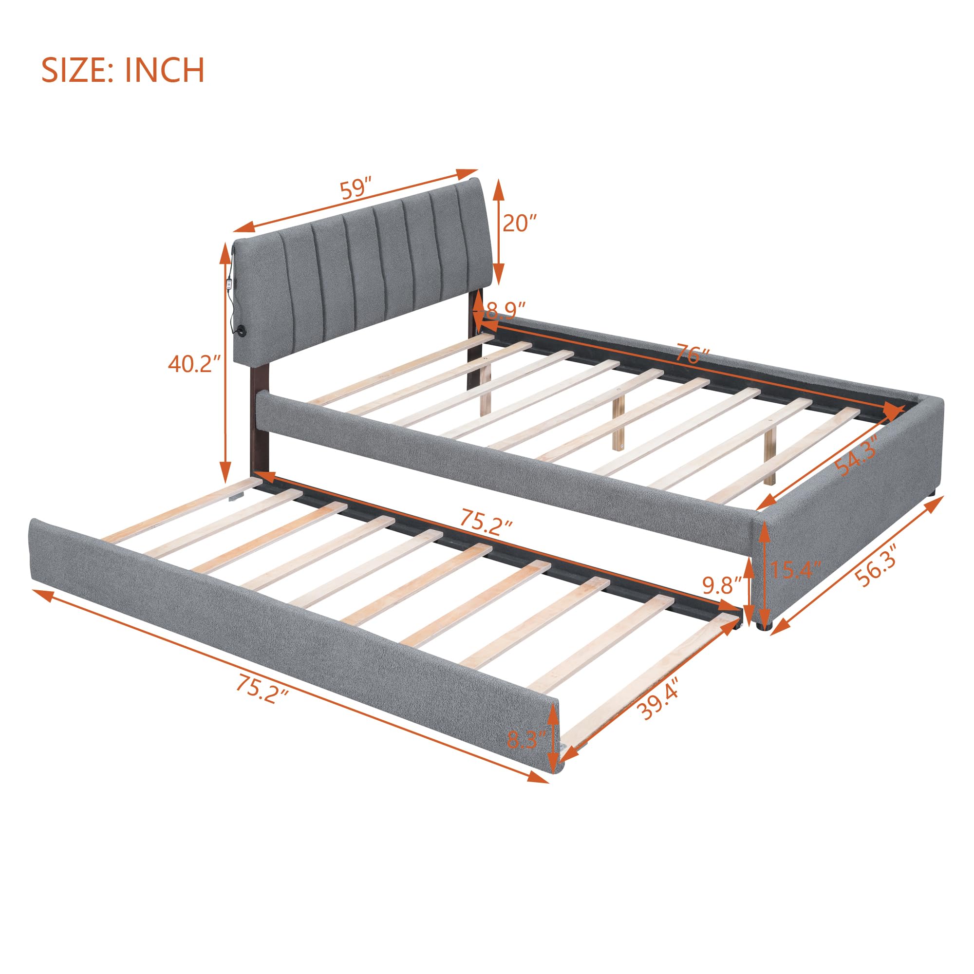 Favfurish Teddy Fleece Full Size Upholstered Platform Bed with Trundle & LED Lights, Wooden Bedframe,No Box Spring Needed, w/Wood Slat Support,for Bedroom,Guest Room, Gray