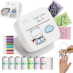 dolewa mini sticker printer, portable thermal inkless sticker maker with 8 rolls coloed paper & 12 pens, wireless thermarote printers for travel, photos,study notes, scrapbook, journal, memo (blue)