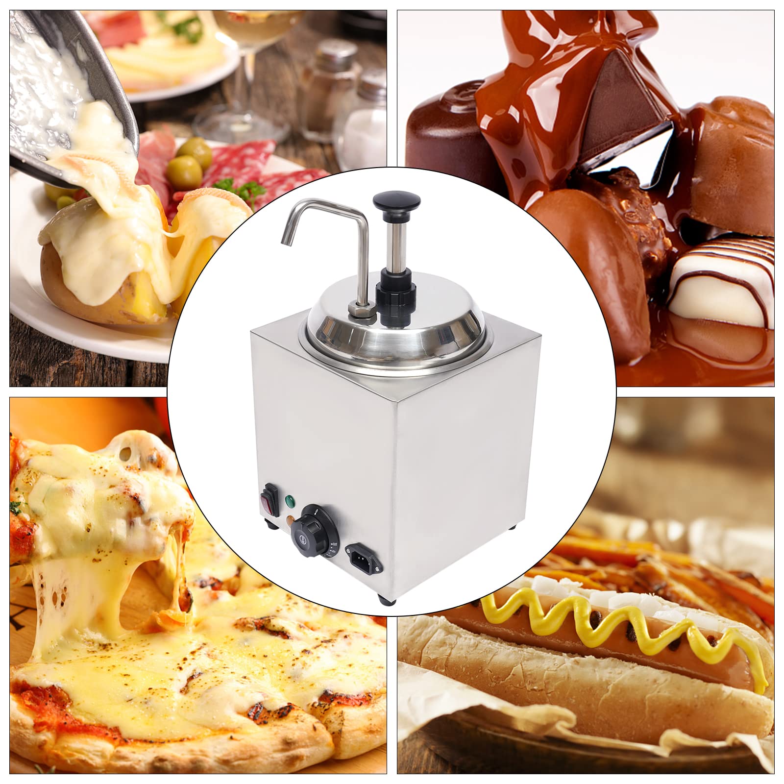 LIYUANJUN Nacho Cheese Warmer, 2.6QT Commercial Hot Fudge Warmer Butter Buttery Topping Chili Dispenser Pump Stainless Steel Cheese Dispenser Machine 86-230℉ 800W 110V (Silver)