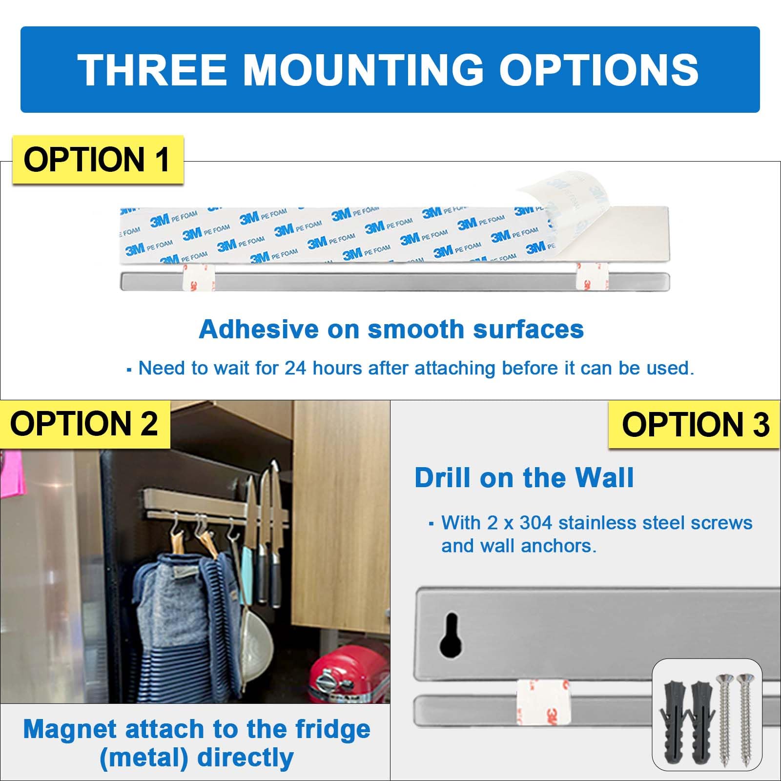 HomeSimplex 12 Inch Magnetic Knife Holder for Wall or Fridge with 6 Hooks No Drill - Adhesive Double Magnetic Knife Bar - Refrigerator Knife Magnetic Strip - 304 Stainless Steel Kitchen Utensil Holder