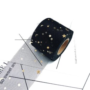 2 Rolls/50 Yards Glitter Tulle Fabric Rolls Gold Moon and Stars Sequin Tulle Ribbon Netting Fabric for Table Skirts DIY Sewing Crafts Wedding Party Backdrop Decoration, Black