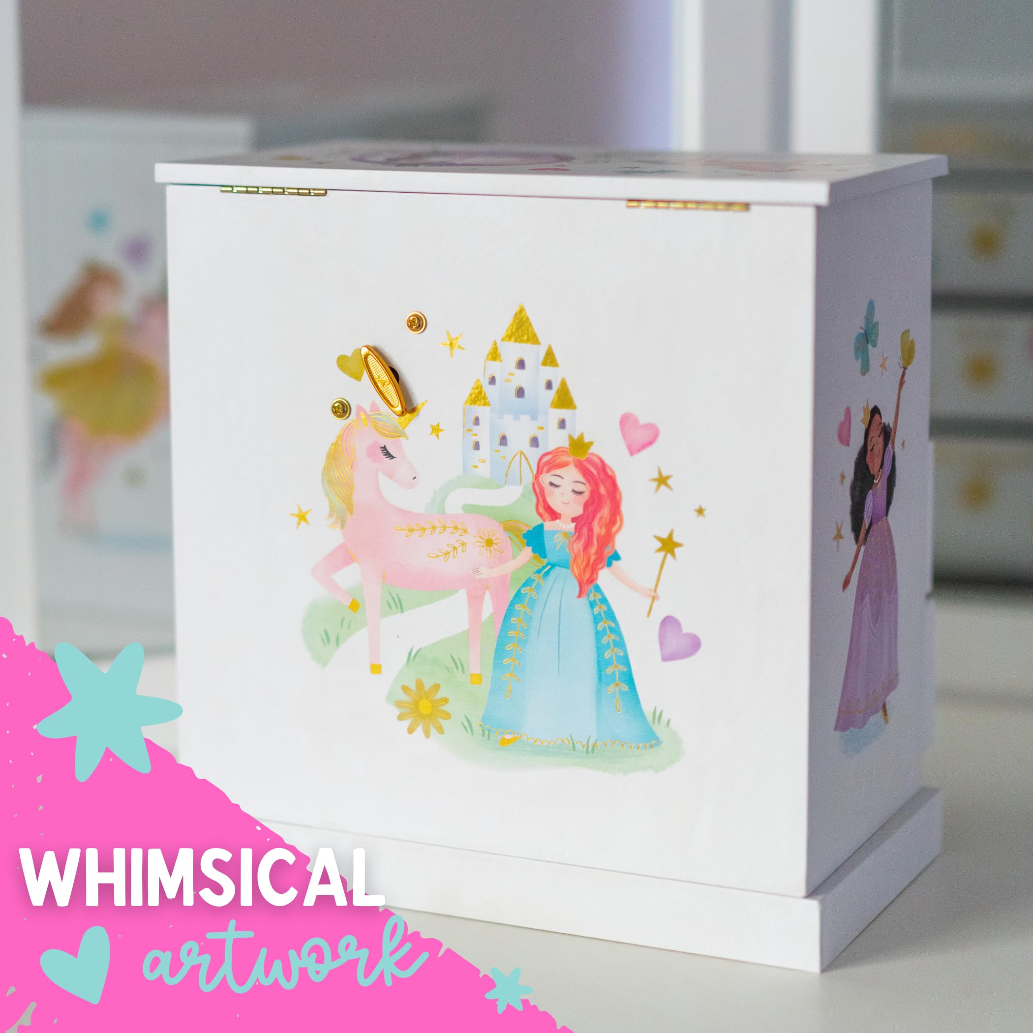 Giggle & Honey Princess Musical Jewelry Box for Girls - Kids Music Box with Drawers, Fairytale Gifts for Girls Birthday, Princess Jewelry Boxes for Ages 3-10 - 9 x 5 x 9.3 in, White