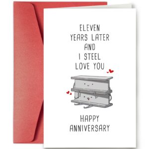 supershunhu funny 11 years anniversary card, 11th anniversary card for him her, steel anniversary pun card for husband or wife, eleven years later and i steel love you