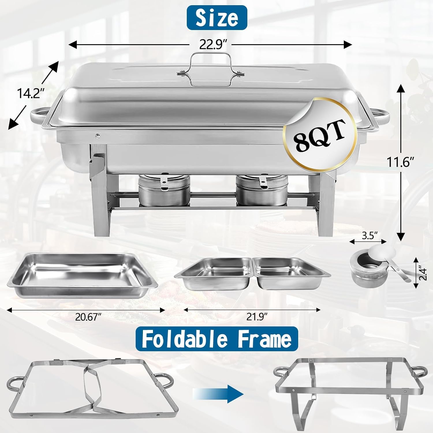 Jacgood Chafing Dish for Buffet, 4 Pack Stainless Steel Chafing Servers Food Warmer Sets with 8QT Half Size Food Pan for Kitchen Party Banquet Dining