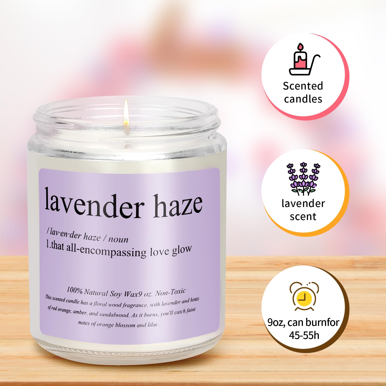 Candle with Lavender Scent -Birthday Gift/Party Decorations, Handcrafted, Long-Lasting 9oz Candle with Definition of Lavender