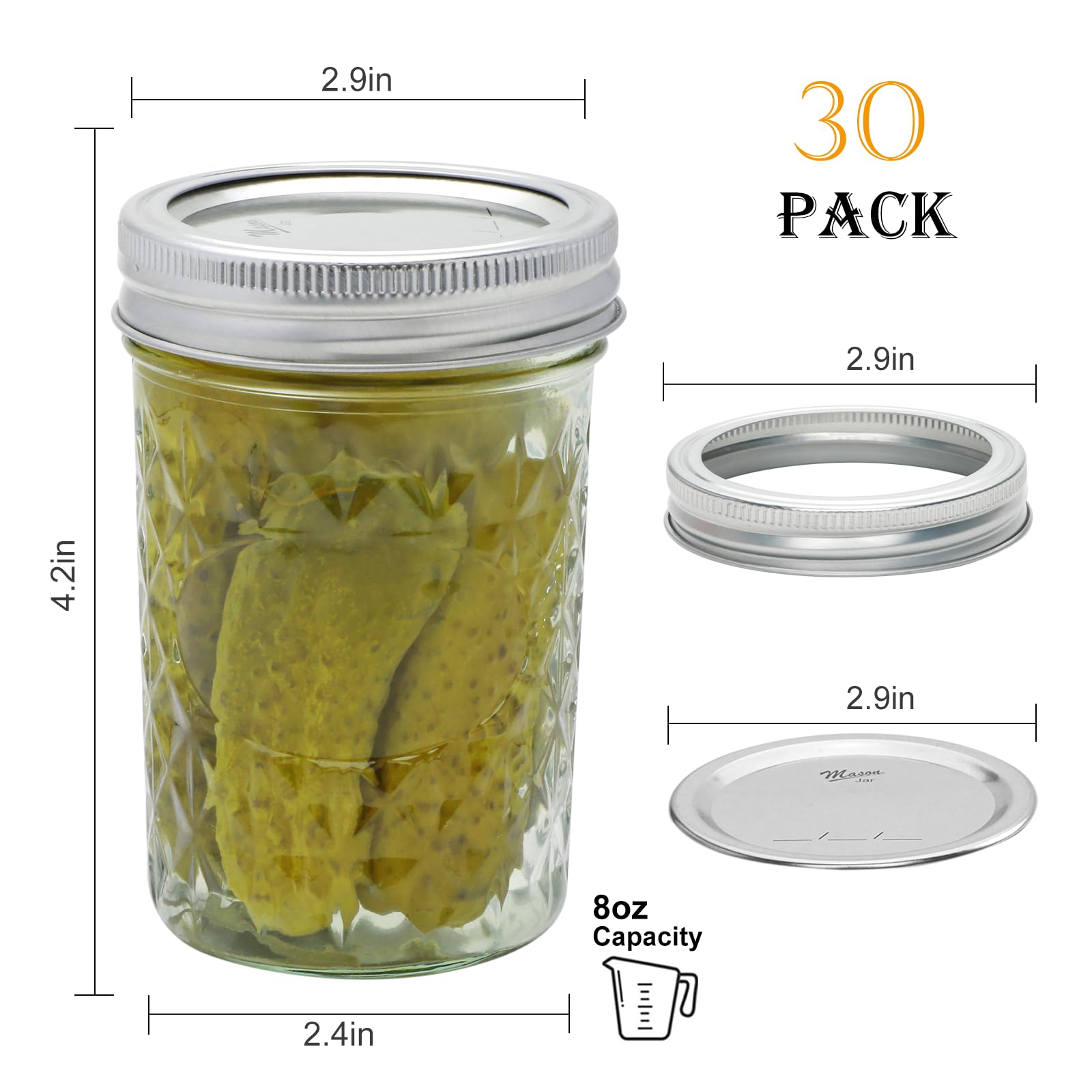 COMUDOT Mason Jars 8 oz with Airtight Lids, 30Pack Glass Regular Mouth Canning Jars, Small Quilted Crystal Jars for Storing Honey,Jelly, Overnight Oats,Jam