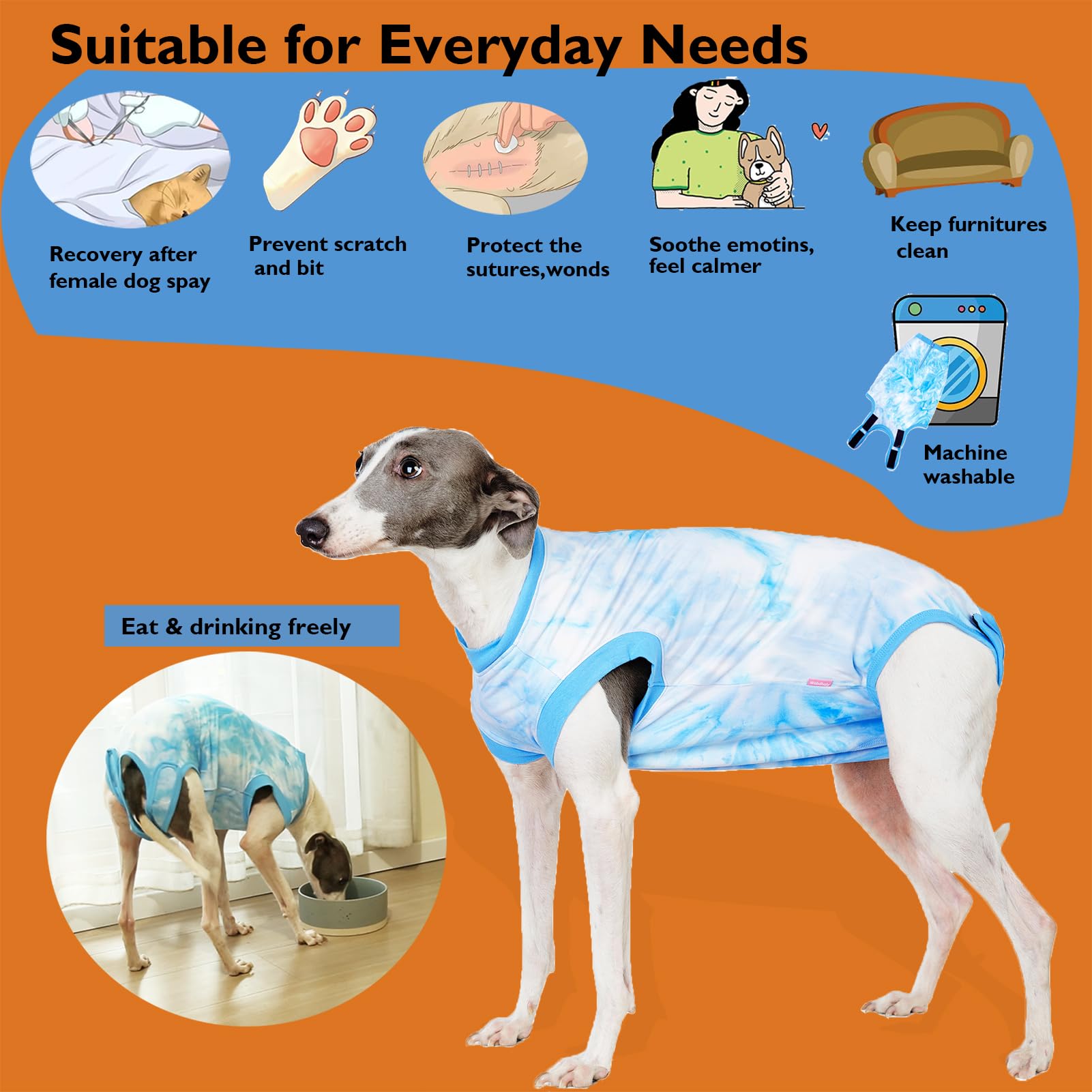 Wabdhaly Dog Surgery Recovery Suit for Female Spay,Tie Dye Blue Dogs Surgical Recovery Onesie,Soft Breathable Cotton,Prevent Licking Scratching Medium Suit,M Tie Dye Blue