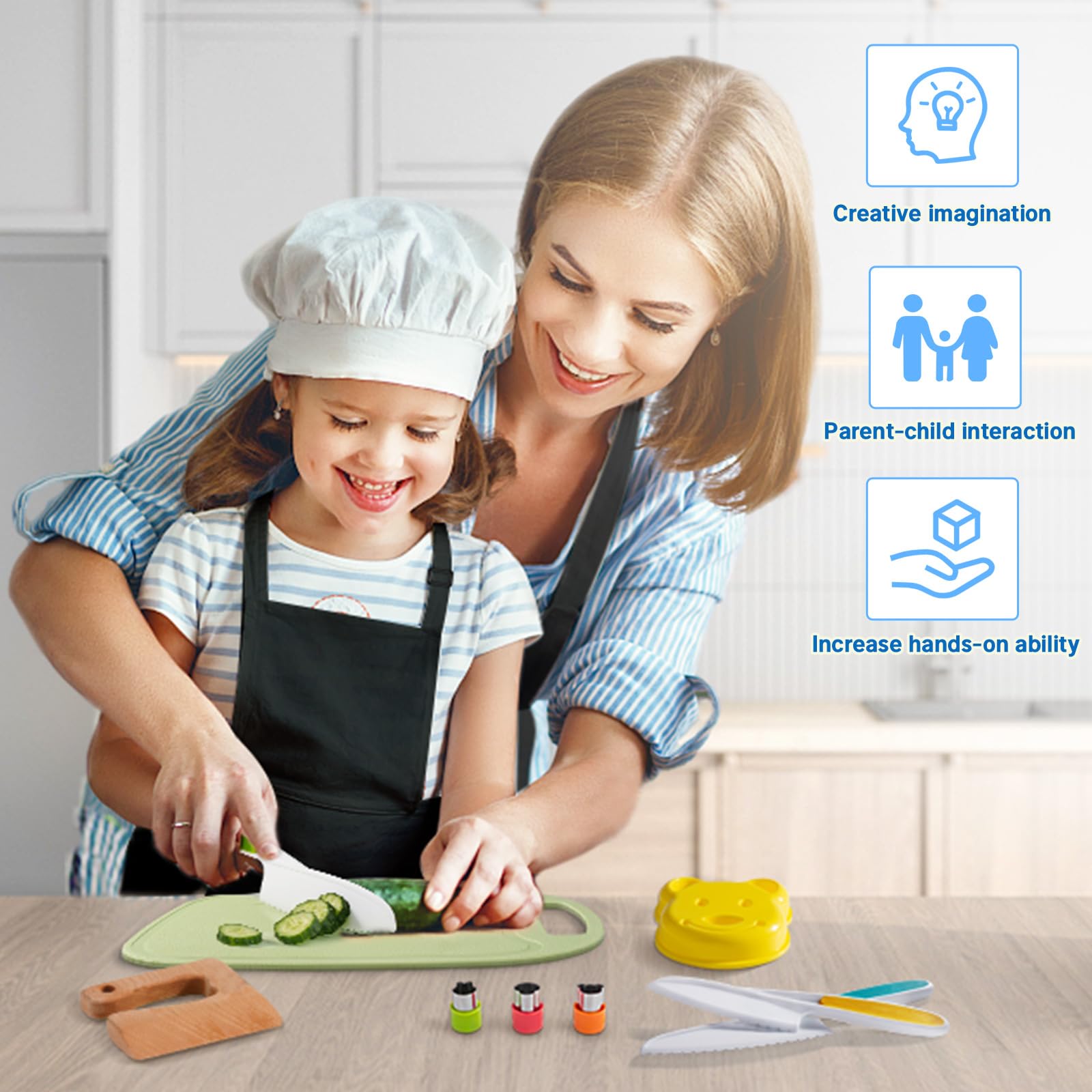 Choxila 10-Piece Toddler Knife Set - Kids Safe Knives for Real Cooking, Montessori Kitchen Tools with Cutting Board, Apron, Sandwich Cutter, and Fruit Cutters