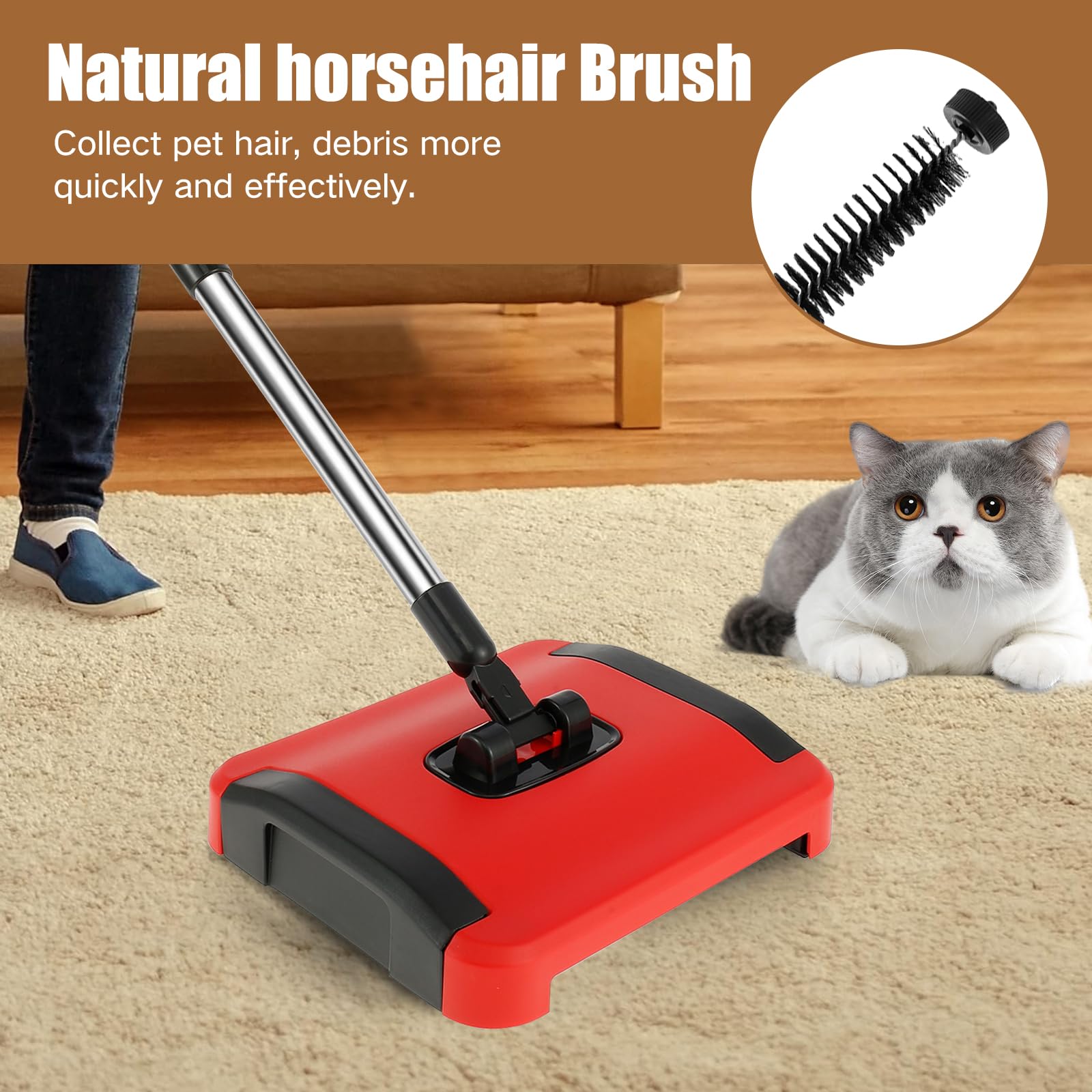 Carpet Floor Sweeper with Horsehair, Manual Carpet Sweeper Cleaner, Non-Electric Carpet Broom Sweeper Efficient Hand Push Carpet Sweeper Rug Roller Brush Push for Cleaning Pet Hair Loose Debris Lint