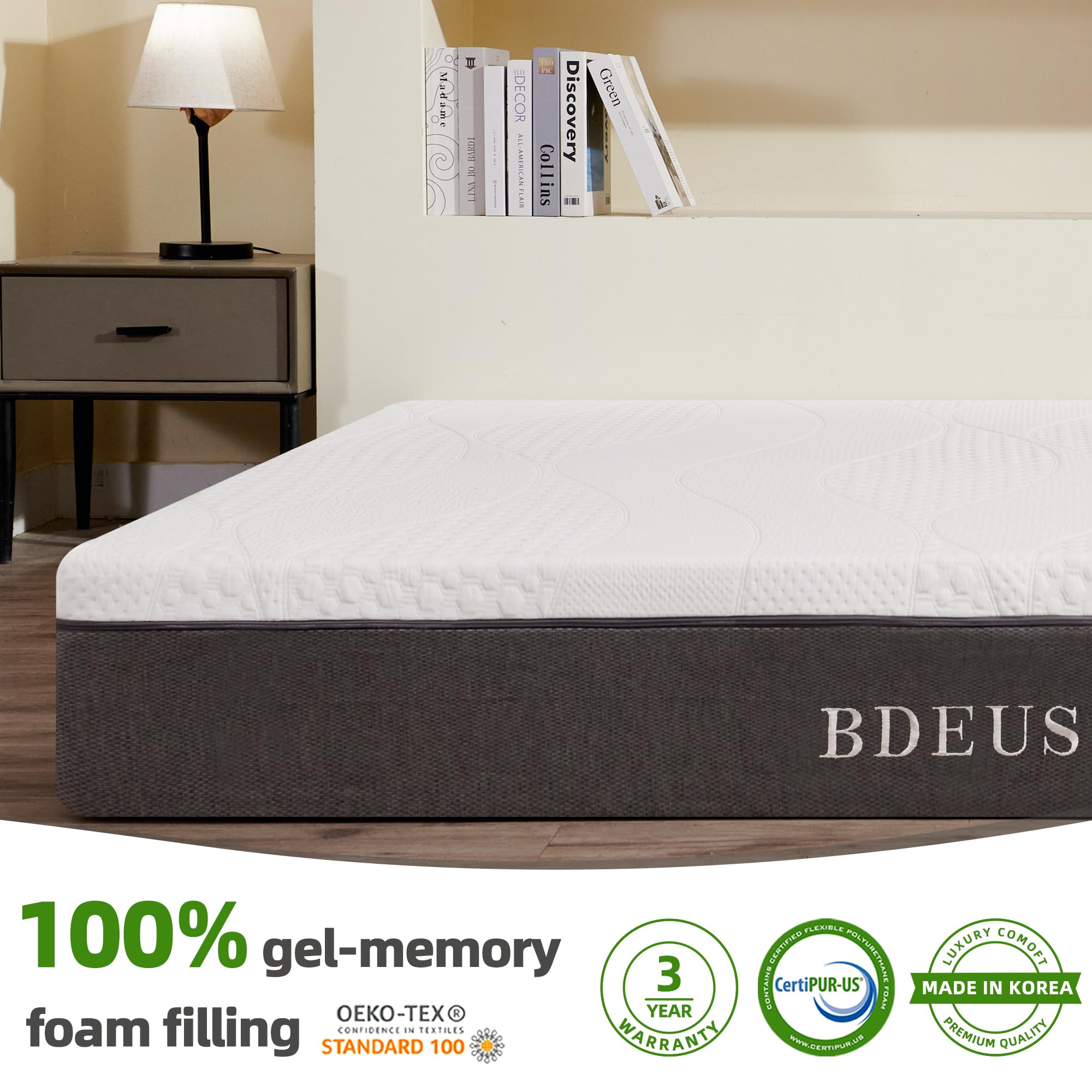 BDEUS 8 inch Gel Memory Foam Mattress for Cooling Sleep Pressure Relief Medium Firm Bed Mattresses CertiPUR-US Certified