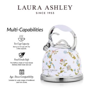 VQ Laura Ashley Elveden White 3L Stainless Steel Tea Kettle Stovetop Whistling Teapot for Induction, Gas Hob or others. Silicon Coated Cool Handle & Push Button Mechanism Vintage Stove Top Kettle