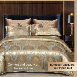 Satin Bed Sheet Set - European Luxury Satin Jacquard 4-Piece Bedding Set True Silk Duvet Cover Luxury Silky Satin Pillowcases Comforter Cooling and Super Soft (H,59 * 78.7in(Quilt Cover))