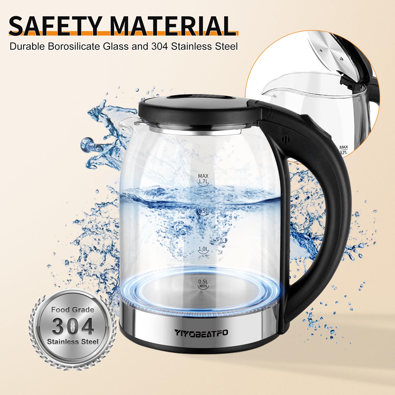 YIYOBEATFO Electric Kettle, 1.7L Glass Hot Water Boiler Kettle For Coffee & Tea,Easy Clean Wide Opening Water Heater Electric with LED Light,360°Rotation,Auto Shut-Off&Boil Dry Protection