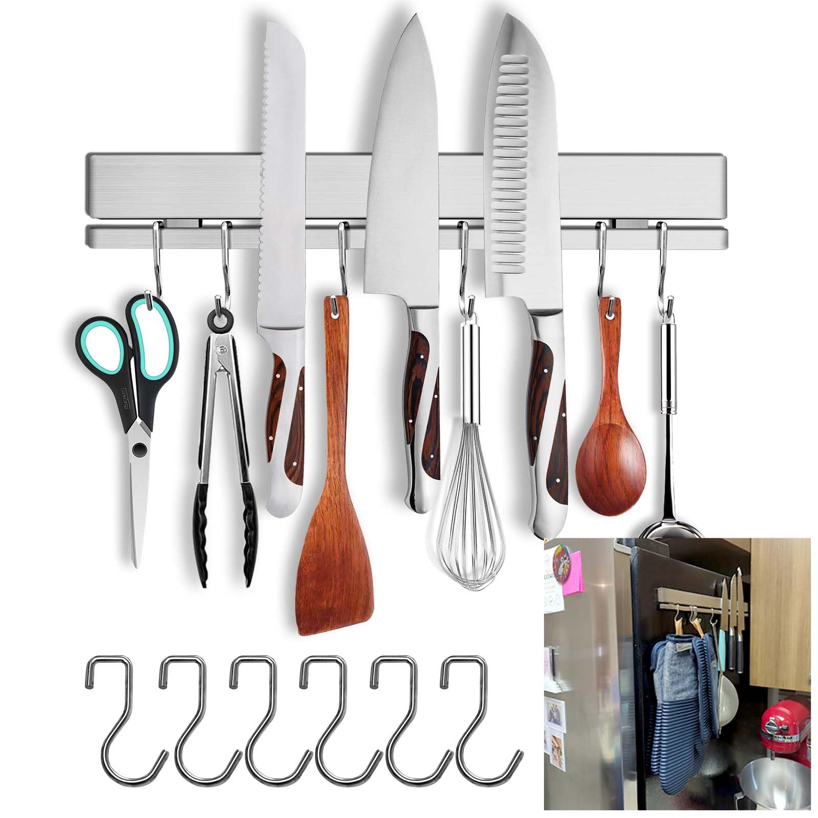 HomeSimplex 12 Inch Magnetic Knife Holder for Refrigerator with 6 Hooks - Double Sided Magnetic Knife Strip for Fridge - Premium Magnetic Knife Bar Rack - 304 Stainless Steel Kitchen Utensil Hanger