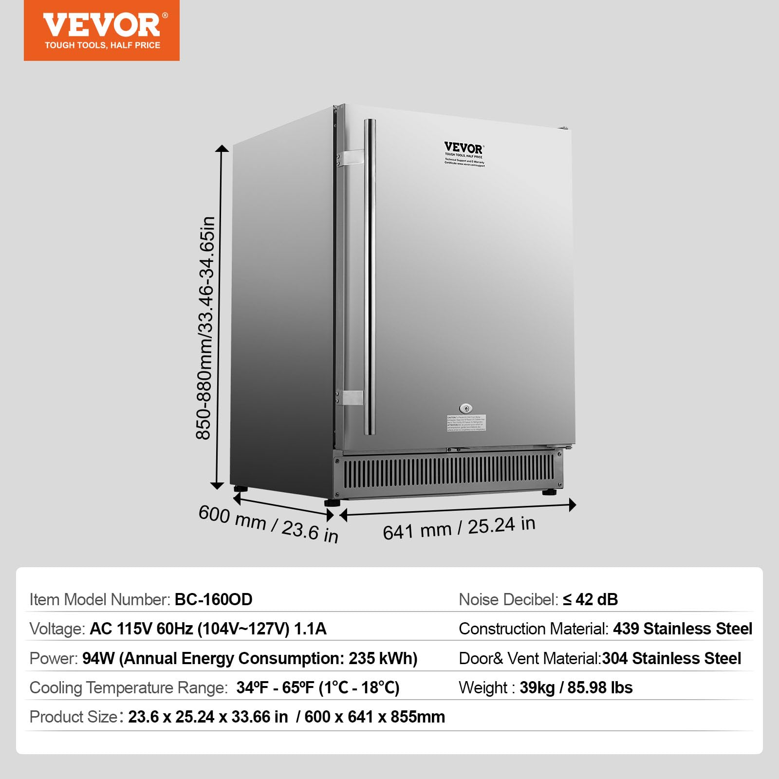 VEVOR 24 inch Indoor/Outdoor Beverage Refrigerator, 185QT Undercounter or Freestanding Beverage Fridge, 175 Cans Built-in Beer Fridge with Stainless Steel Body for Residential Home Bar Commercial Use