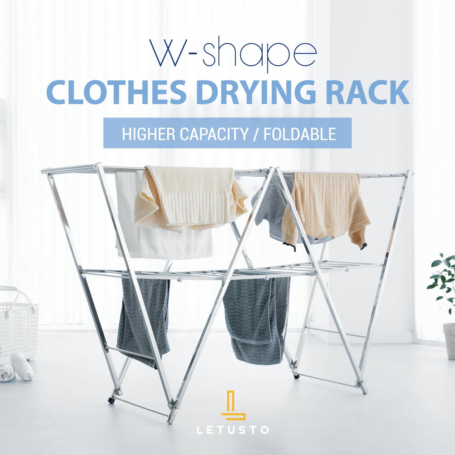 Letusto W-Rack Laundry Clothes Drying Rack - Indoor & Outdoor Folding Clothing Rack Foldable - Stainless Steel Laundry Garment Dryer Stand V2 (Square)