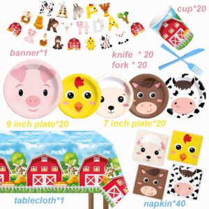 Farm Birthday Decorations-142Pcs Farm Animals Tableware Barnyard Themed Plates and Napkins Kit Farm Birthday Party Supplies for 20 Guest