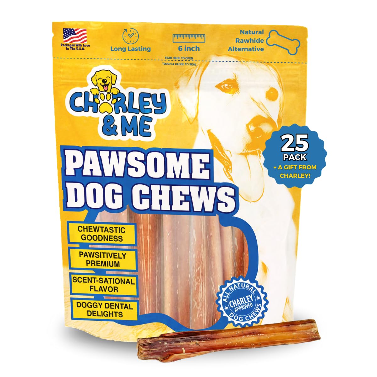 CHARLEY & ME Premium Bully Sticks for Dogs - 100% Natural Beef Dog Treats, Long-Lasting Dog Chew for Aggressive Chewers, Nutritious Joint Support for Dogs 6 Inches (Pack of 25)