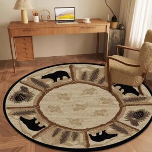 Soyalie Rustic Lodge Round Area Rug for Entrance Kitchen Pine Tree Print Carpet Bear Cabin Circle Floor Carpets Vintage Throw Rugs 3ft