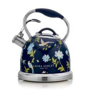 vq laura ashley elveden navy 3l stainless steel tea kettle stovetop whistling teapot for induction, gas hob or others. silicon coated cool handle & push button mechanism vintage stove top kettle