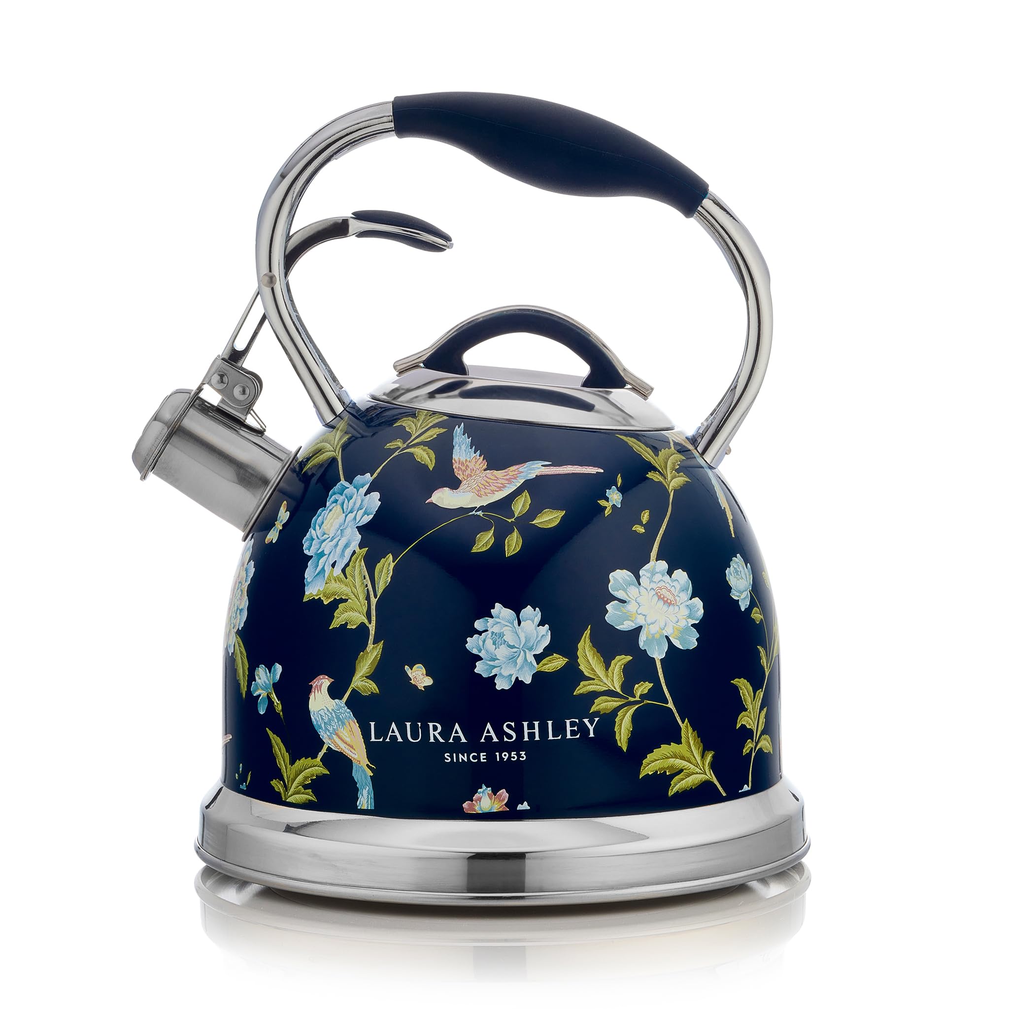 VQ Laura Ashley Elveden Navy 3L Stainless Steel Tea Kettle Stovetop Whistling Teapot for Induction, Gas Hob or others. Silicon Coated Cool Handle & Push Button Mechanism Vintage Stove Top Kettle