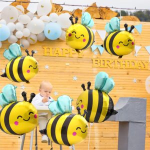 Cute Smile Face Bee Balloons Lovely Woodland Honeybee Balloons Bee Theme Birthday Supplies Party Decorations Baby Shower, 6 Pack Big Cartoon Bumblebee Mylar Foil Balloons Animal Party Balloons