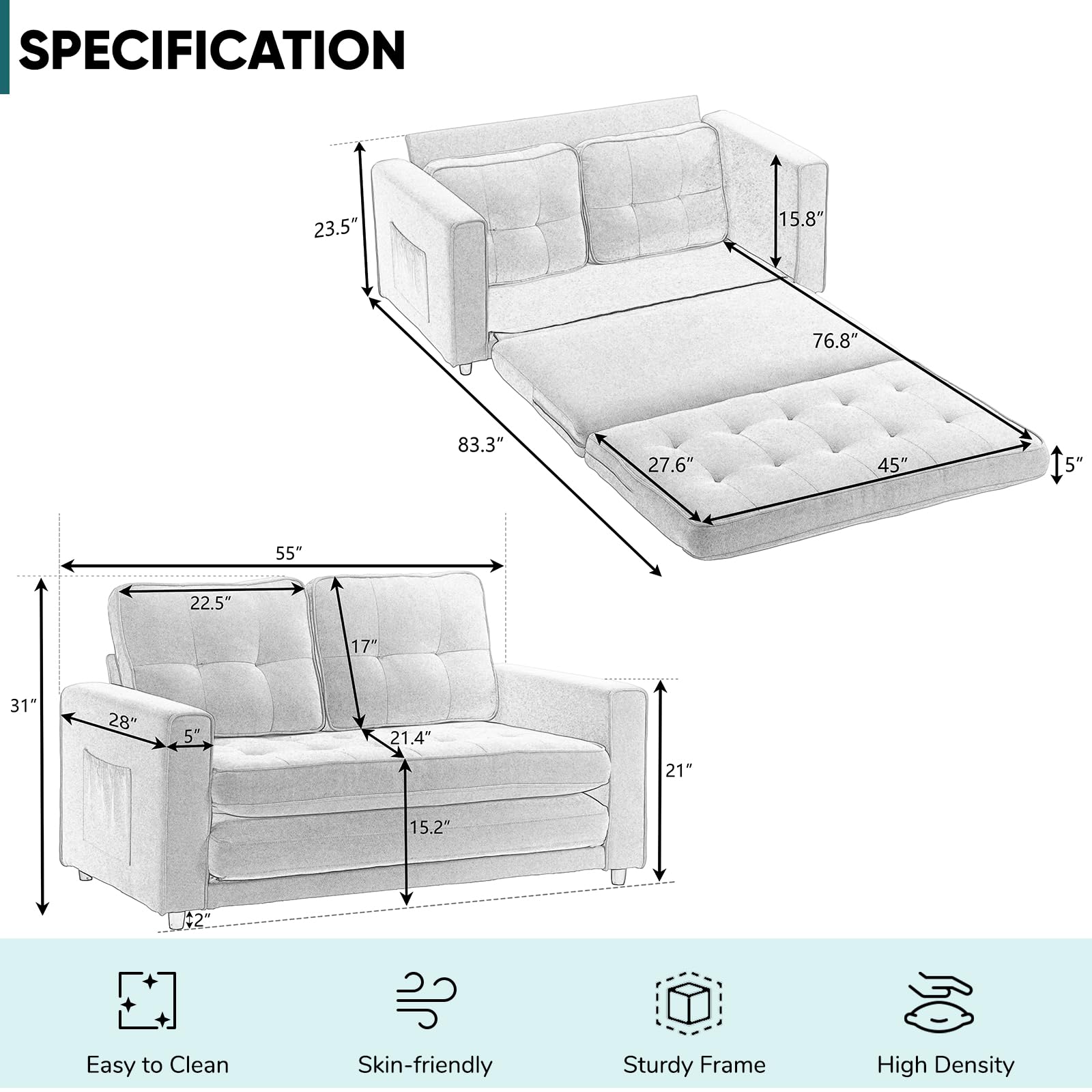 JOYBASE Sleeper Loveseat Pull Out Sofa Bed, Modern Upholstered Convertible Pull Out Couch Sleeper Sofa for Living Room (Beige, Fabric)