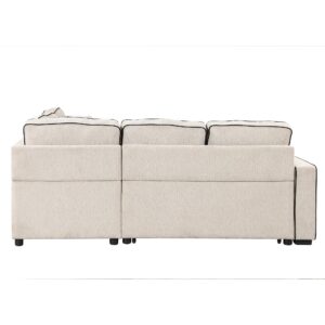 P PURLOVE L-Shaped Pull Out Sleeper Sofa Bed, Modern Convertible Sleeper Sofa with 2 USB Ports, 2 Power Sockets and 3 Pillows, L Shape Linen Sectional Sofa for Living Room, Bedroom, Office, Cream